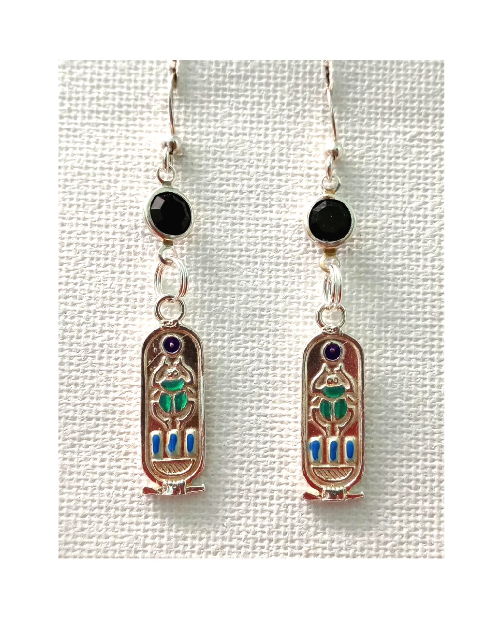 Exclusive Hand-enameled Green Egyptian Scarab Cartouche Design with Swarovski Crystal Sterling Earrings