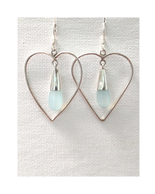 Large Open Heart with Stunning Dangling Light Blue Chalcedony Sterling Earrings 2 1/8"L X 1 1/4"W  ONE ONLY