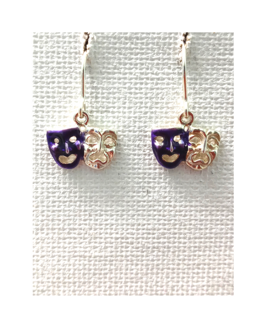 Mardi Gras Hand-enameled Purple and Silver Small Comedy/Tragedy Mask Sterling Earrings 3/4"L X 1/2"W