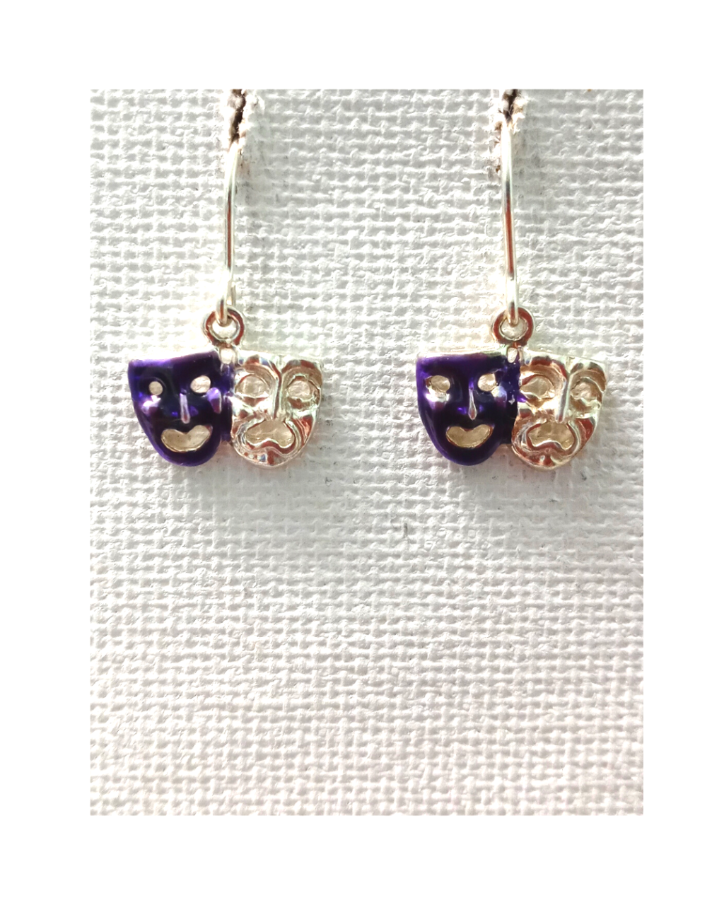Mardi Gras Hand-enameled Purple and Silver Small Comedy/Tragedy Mask Sterling Earrings