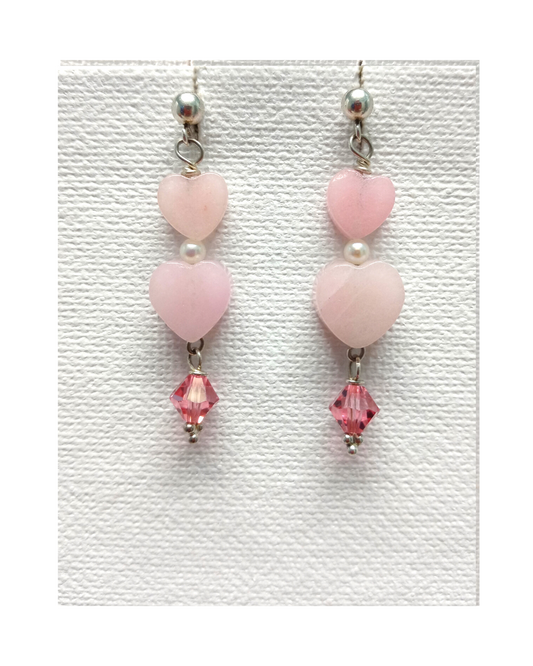 Pink Jade Hearts, Pearl and Crystal Sterling Post Earrings 1 3/4" L X 7/16"W ONE ONLY