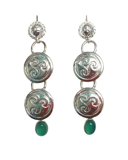 Exclusive Stunning Swirl Design Shields with Green Chalcedony Sterling Post Earrings 2 7/16L X 11/16"W ONE ONLY