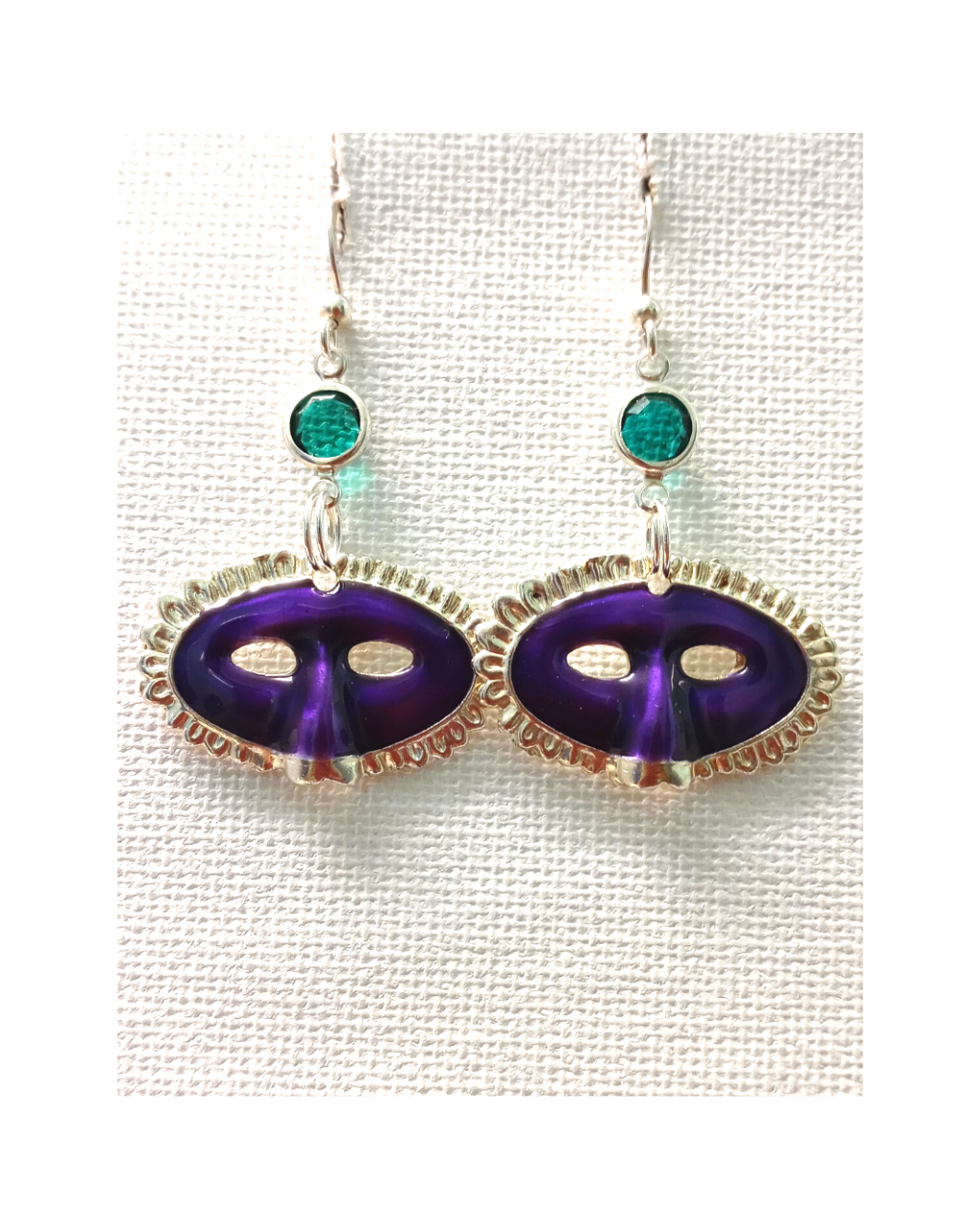 Mardi Gras Purple Hand-enameled Mask with Swarovski Green Crystals Sterling Earrings 1 15/16"L X 1 1/8"W ONE ONLY