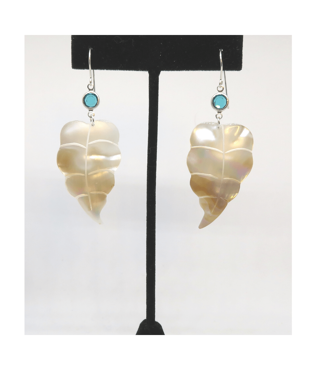 Carved Mother-of-Pearl Leaf Shape in Golden, White Colors with Swarovski Crystal Sterling Silver Earrings Approx. 2 1/2" L X 1" W