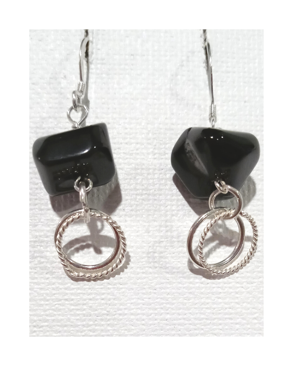 Black Agate Polished Bead with Double Silver Loop Sterling Silver Dangle Earrings