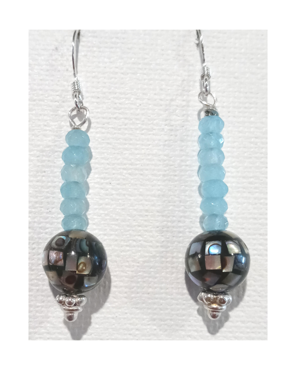 Blue Faceted Agate and Inlaid Abalone Shell Sterling Earrings 2" ONE ONLY
