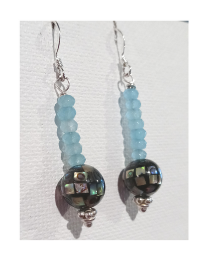 Blue Faceted Agate and Inlaid Abalone Shell Sterling Earrings 2" ONE ONLY