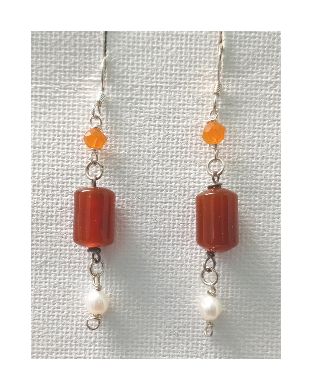 Faceted Carnelian, Red Agate, and White Pearl Sterling Silver Dangle Earrings approx. 2 5/16"
