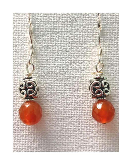 Burnt Orange Faceted Carnelian and Oxidized Bead Sterling Silver Earrings 1 3/8"L X 1/4"W ONE ONLY