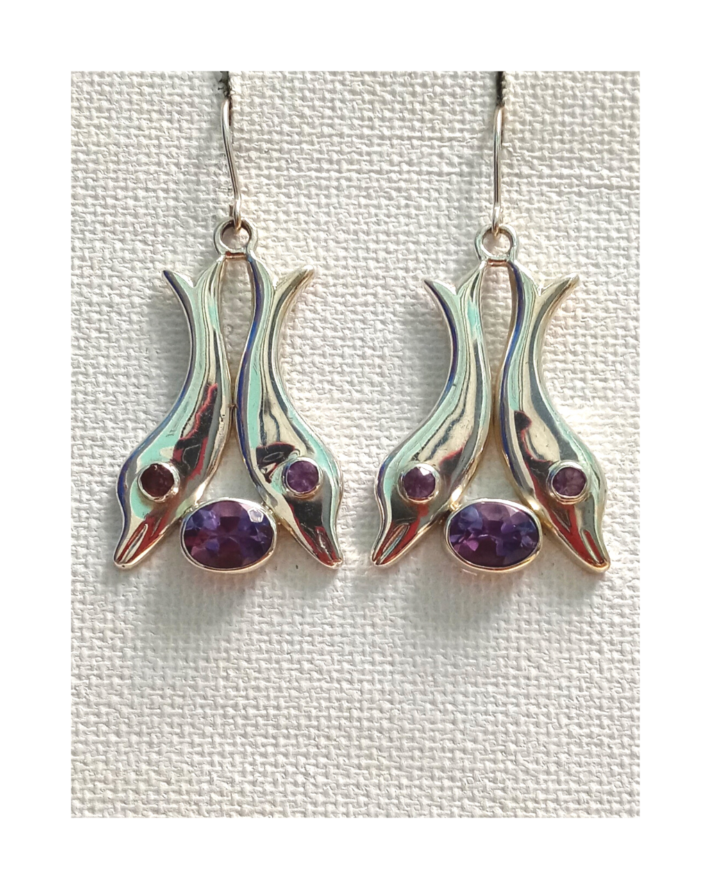 Sterling Amazing Polished 2 Dolphins with Amethysts Earrings 1 13/16"L X 7/8"W