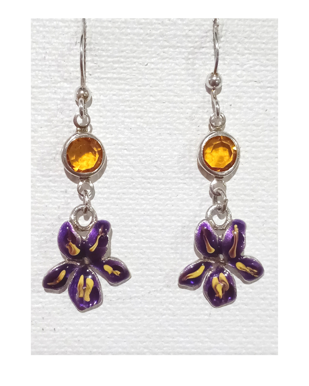 Sterling Gorgeous Exclusive Hand-enameled Purple Flower with Golden Tendrils with Gold Swarovski Crystal Earrings 1 3/4"L X 9/16"W