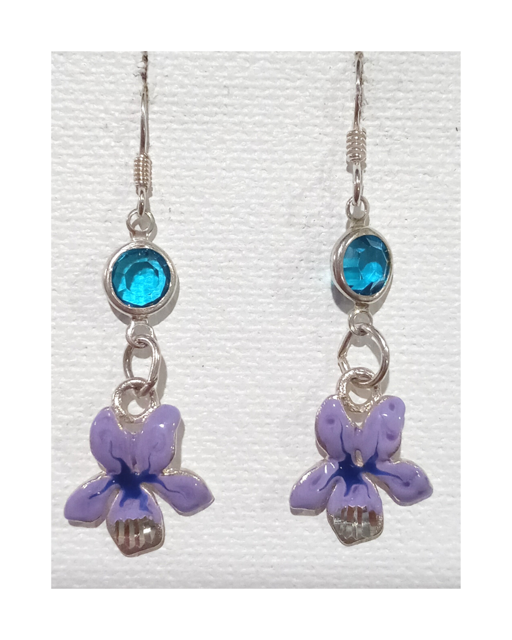 Sterling Gorgeous Exclusive Hand-enameled Lavender Flower with Swarovski Crystal Earrings 1 3/4"L X 9/16"W