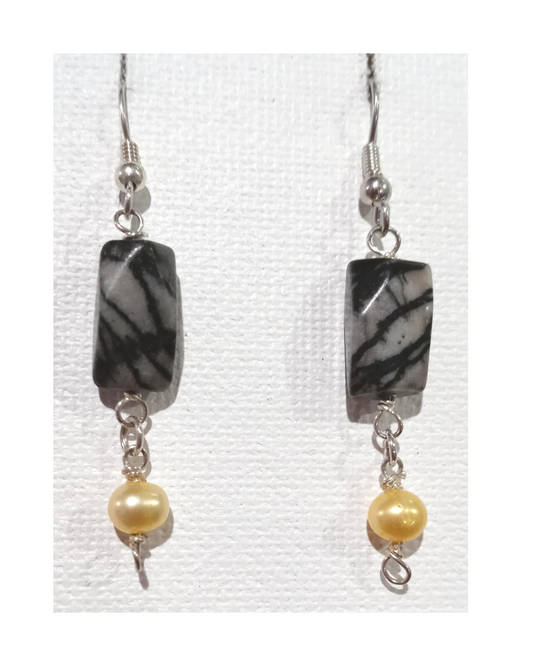 Zebra Stone and Gold-colored Pearl Sterling Silver dangle earrings approx. 2 1/8"