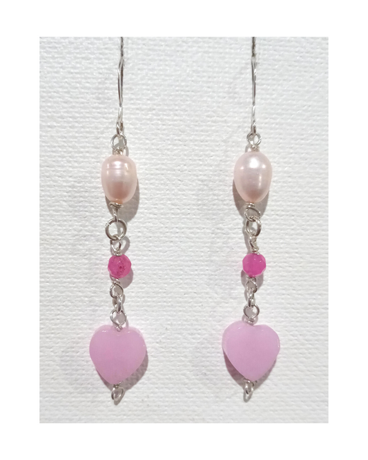 Pink Pearl, Faceted Dyed Fuschia Jade, and Hear-shaped Pink Jade Sterling Silver Dangle Earrings Approx. 2 7/16"