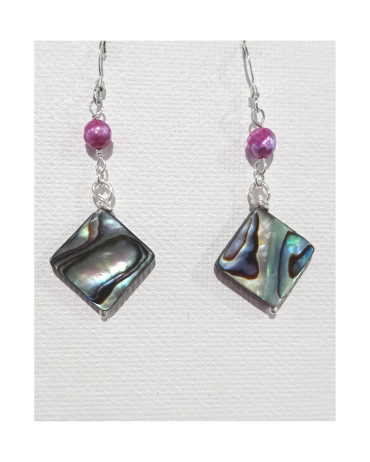 Pink Faceted Pearl, Abalone Shell Sterling Earrings 2" ONE ONLY