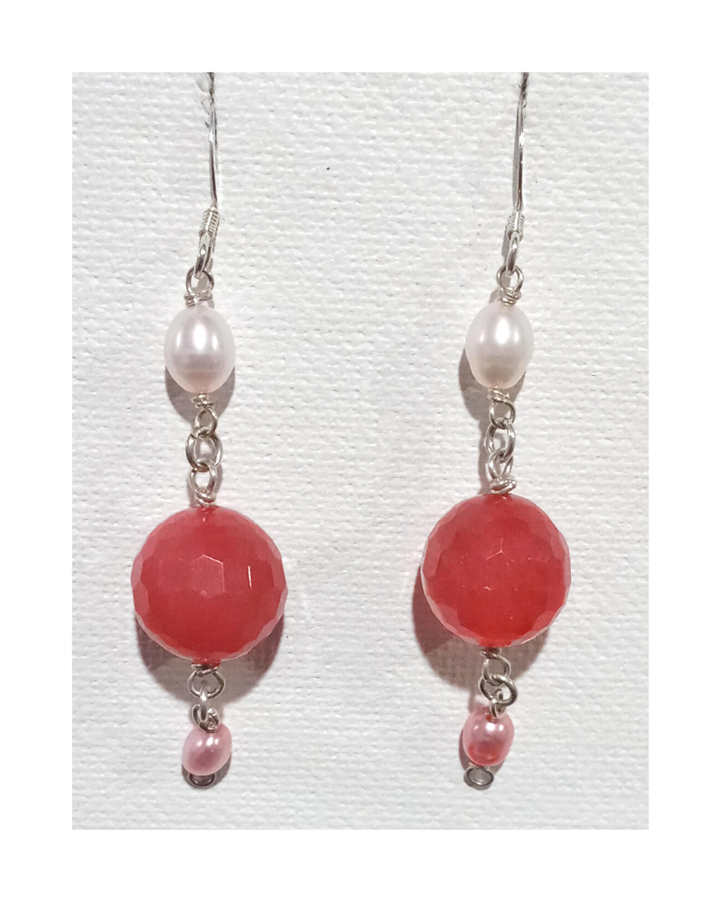 White and Pink Pearls with Large Faceted Dyed Pink Jade Drop Sterling Silver Earrings 2 5/8"