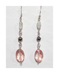Prehnite, Metallic Green Pearl, and Oval Faceted Cherry Quartz Sterling Silver Dangle Earrings Approx. 2 3/4"