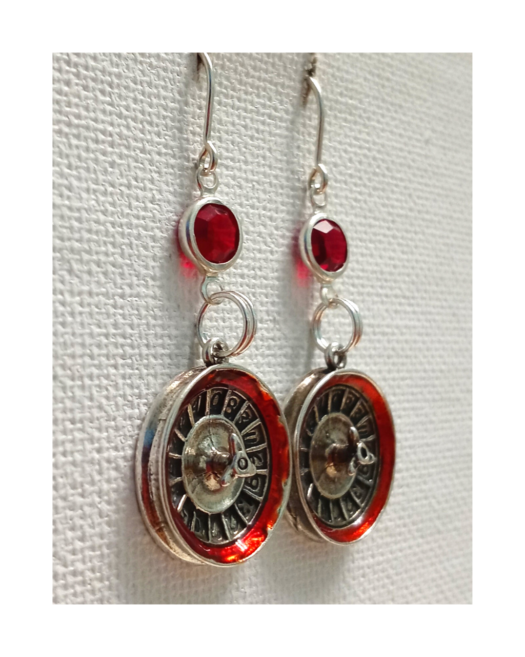 Exclusive Sterling 3-D Hand-enameled Roulette Wheel with Swarovski Crystal Earrings 1 15/16"L X 3/4"W