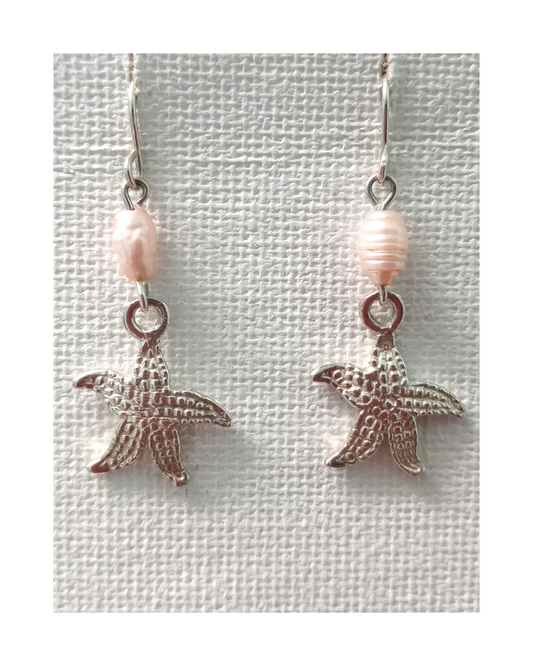 Sterling Starfish with Pink Pearl Earrings 1 1/2"L X 5/8"W