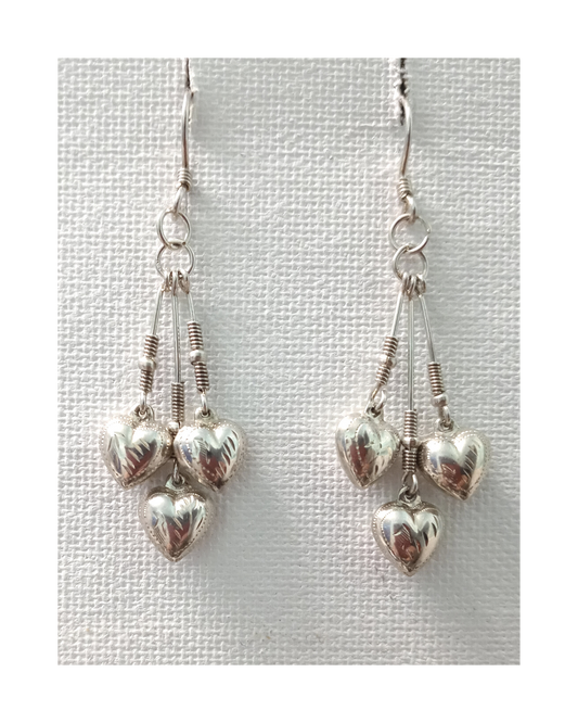 Three Engraved Hearts Dangle Sterling Earrings