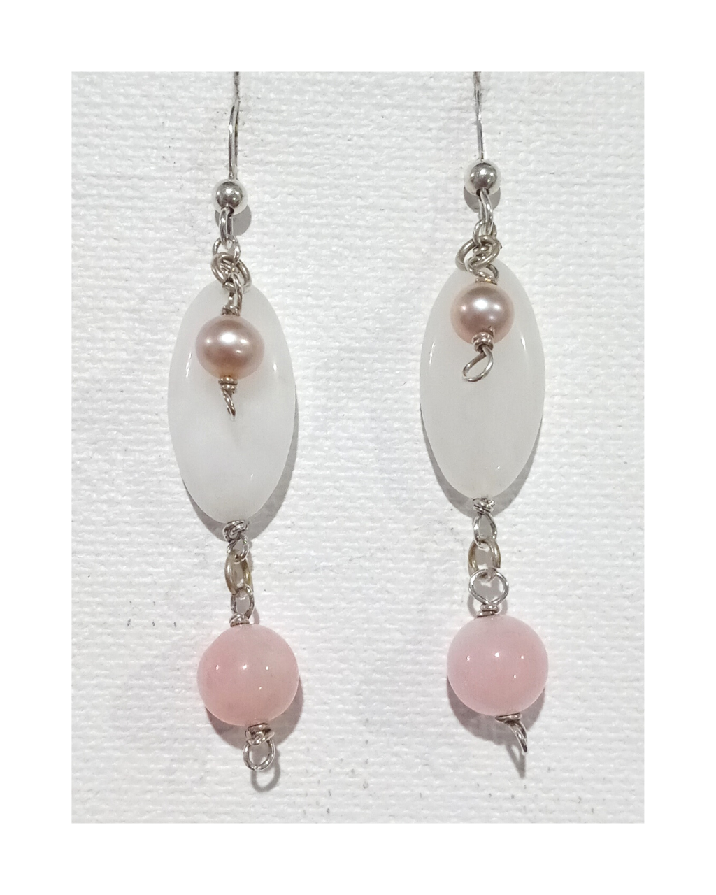 White Agate, Pink Pearl, and Round Polished Kunzite Bead Sterling Silver Dangle Earrings Approx. 2 1/16"