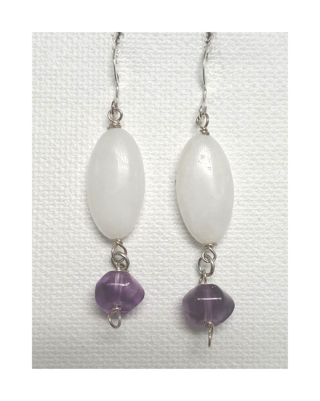 White Agate and Purple Fluorite Sterling Silver Dangle Earrings