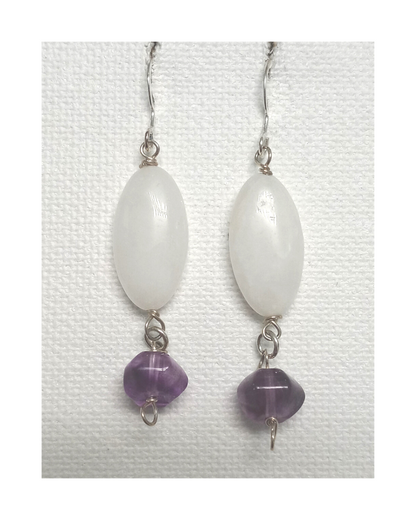 White Agate and Purple Fluorite Sterling Silver Dangle Earrings