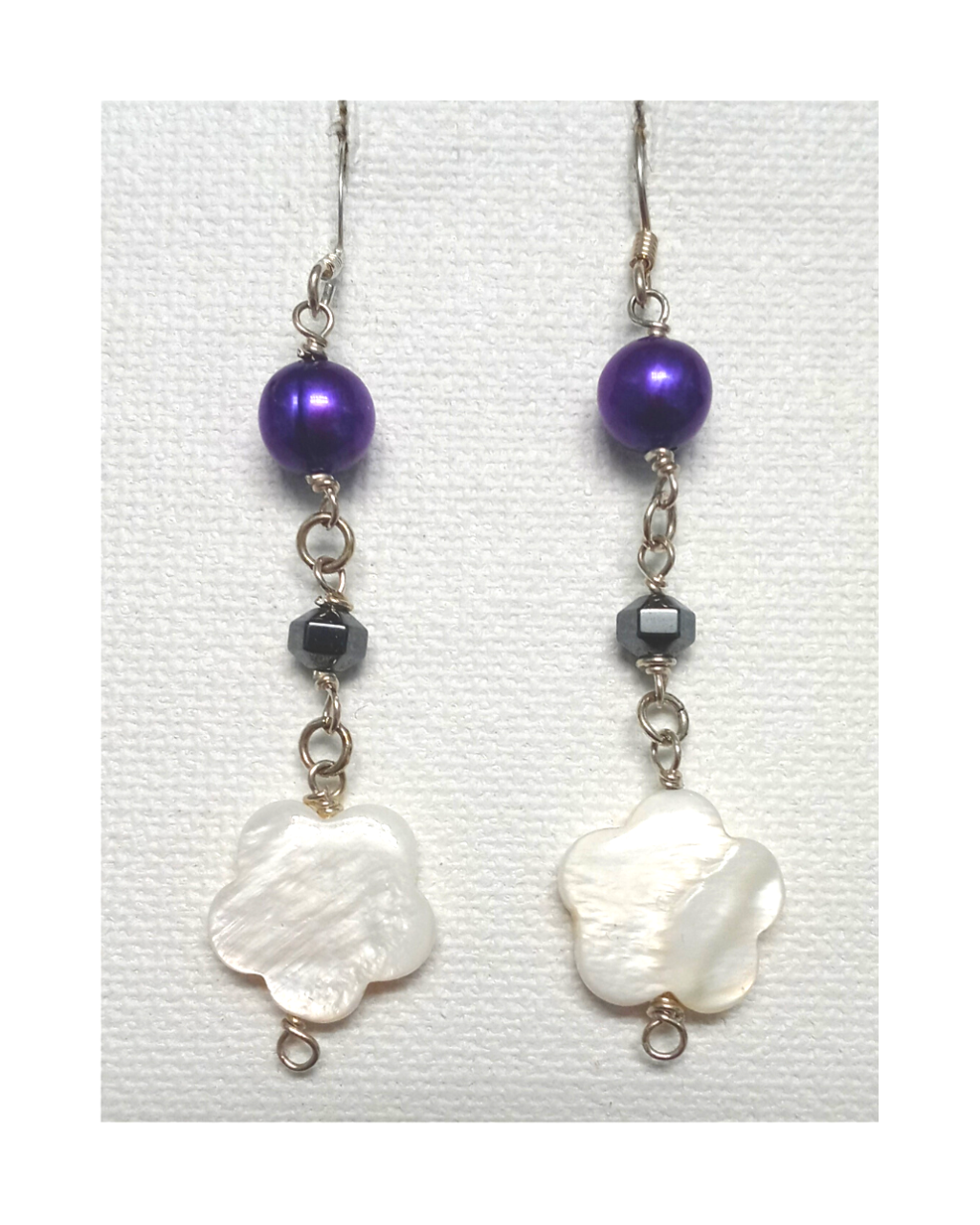 Dyed Purple Pearl, Faceted Hematite, and Mother-of-Pearl Flower-Shaped Sterling Silver Dangle Earrings approx. 2 5/8"