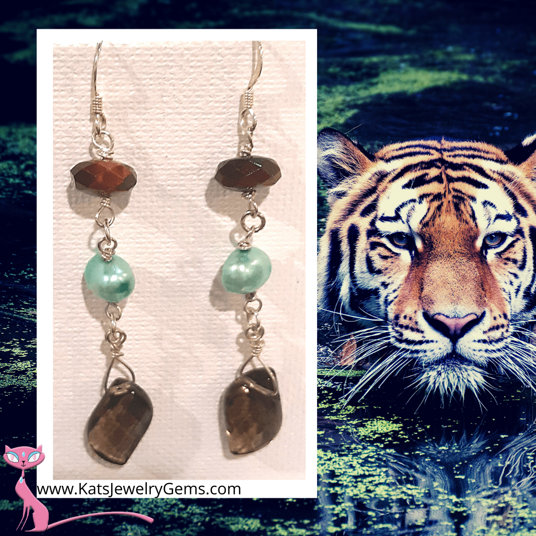 Faceted Tiger's Eye, Sea Green Pearl, and Unique Faceted Cut on Smoky Quartz Sterling Silver Dangle Earrings Approx. 2 3/4"