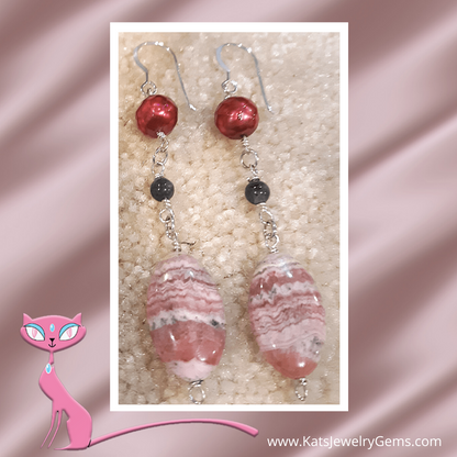 Faceted Maroon Pearl, Obsidian, and Rhodochrosite Sterling Silver Dangle Earrings Approx. 3"