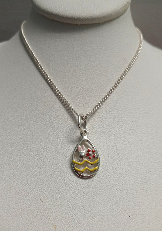 Exclusive Sterling Hand-enameled Pink and Yellow Cut-out Oval Easter Egg Design Removable Pendant on 16" Curb Chain