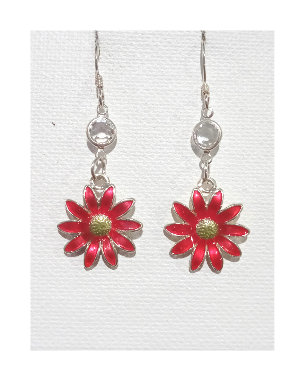 Sterling Gorgeous Exclusive Hand-enameled Pink Flower with Clear Swarovski Crystal Earrings 2 1/8"L X 3/4"W
