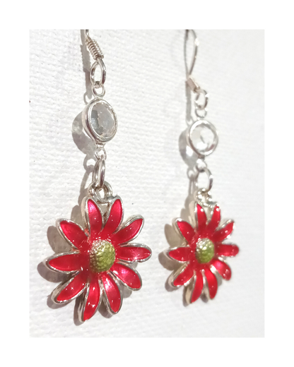 Sterling Gorgeous Exclusive Hand-enameled Pink Flower with Clear Swarovski Crystal Earrings 2 1/8"L X 3/4"W