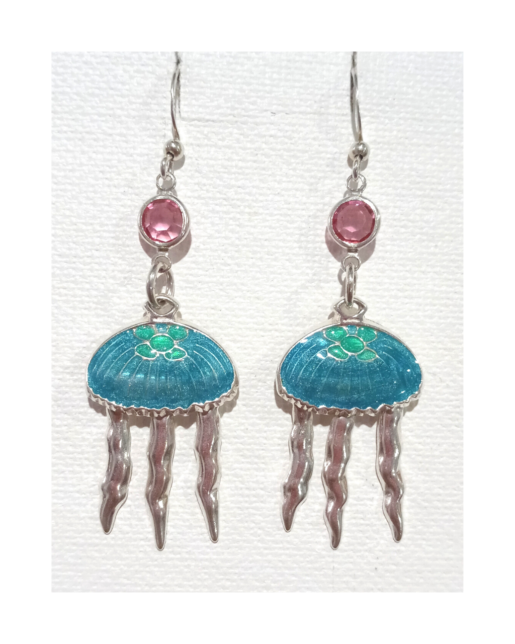 Sterling Hand-enameled Moveable Dangly Legs jellyfish with Pink Swarovski Crystal Earrings 2 1/2"H X 3/4"W.
