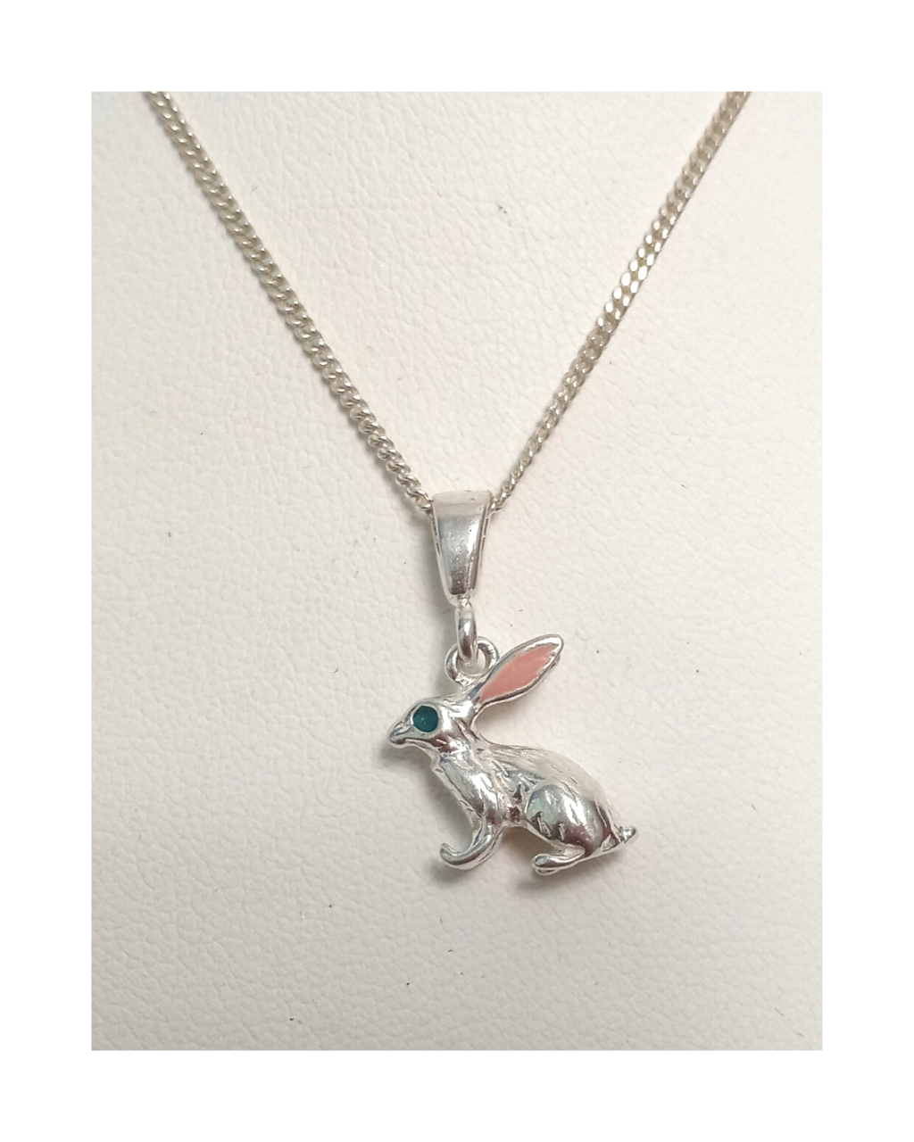 Exclusive Sterling 3-D 2-sided Hand-enameled Easter Bunny with Blue Eyes and Cute Pink Ears Removable Pendant 7/8"L X 7/16"W on 16" Curb Chain ONE ONLY