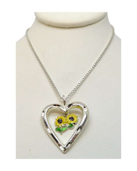 Sterling Heart with Hand-enameled Daisies Necklace with 18" Box Chain