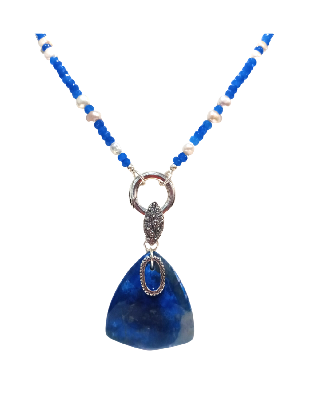 Interchangeable Blue Agate and Pearl Necklace with Removable Large Extraordinary Blue Agate Enhancer Pendant. ONE ONLY