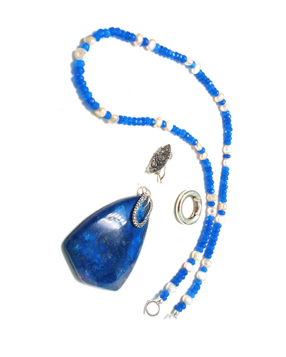 Interchangeable Blue Agate and Pearl Necklace with Removable Large Extraordinary Blue Agate Enhancer Pendant. ONE ONLY
