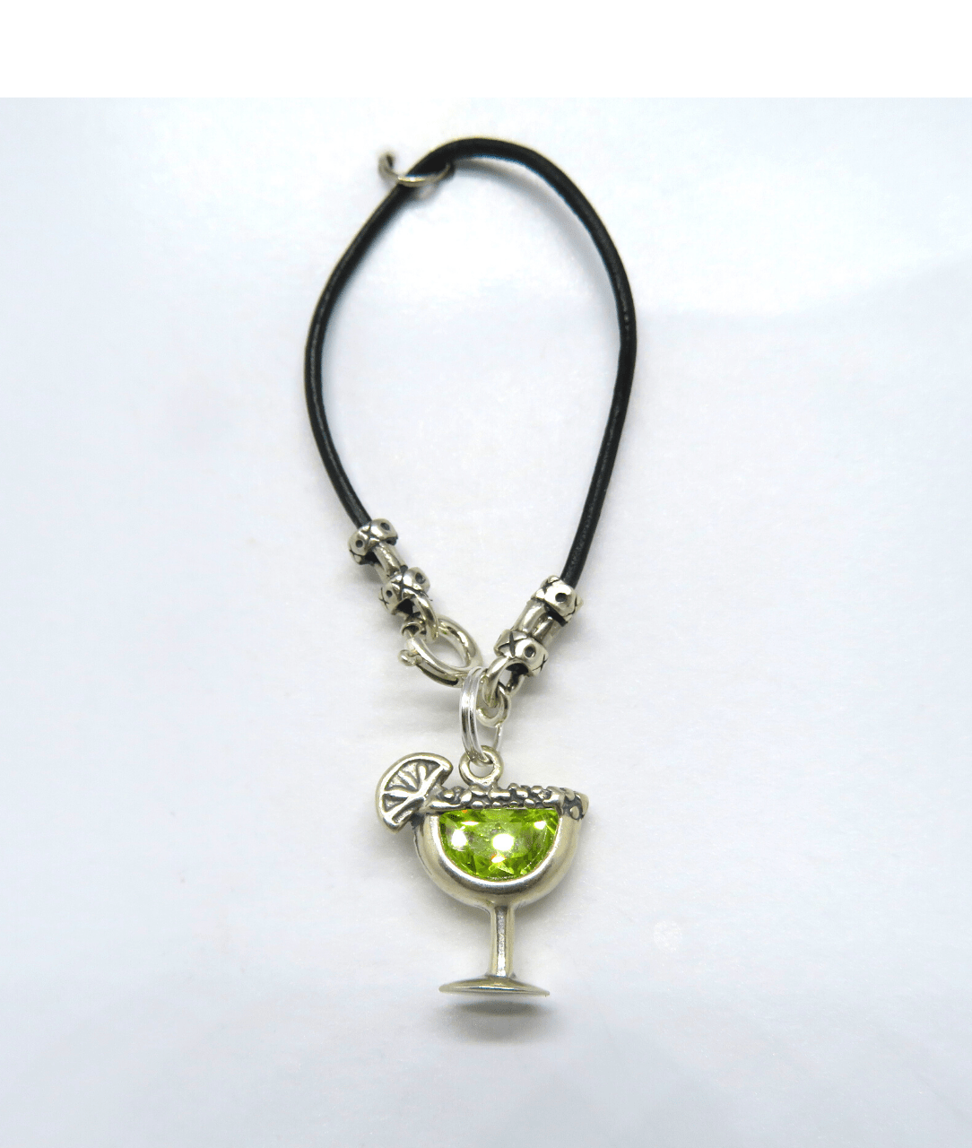 Margarita Drink with Green Cubic Zirconia Removable Sterling Silver Charm on Leather and Sterling Silver KooLoop
