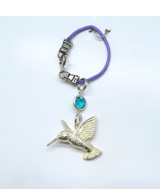 Hummingbird with Swarovski Crystal Removable Sterling Silver Charm on Leather and Sterling Silver KooLoop Approximately 2 3/8", Removable Charm is 1 1/4"