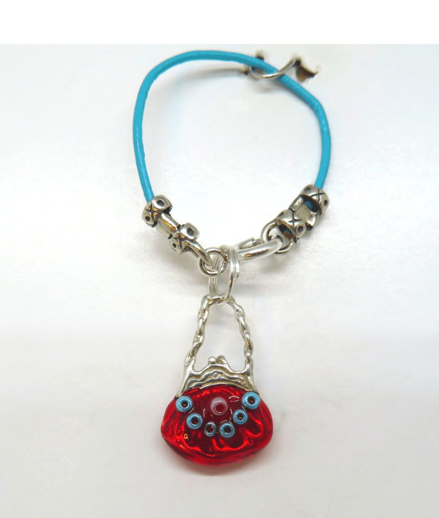 Purse 3-D Two-sided Hand-enameled with Seed Beads Removable Sterling Silver Charm on Leather and Sterling Silver KooLoop Approximately 1 15/16", Removable Charm is 3/4"
