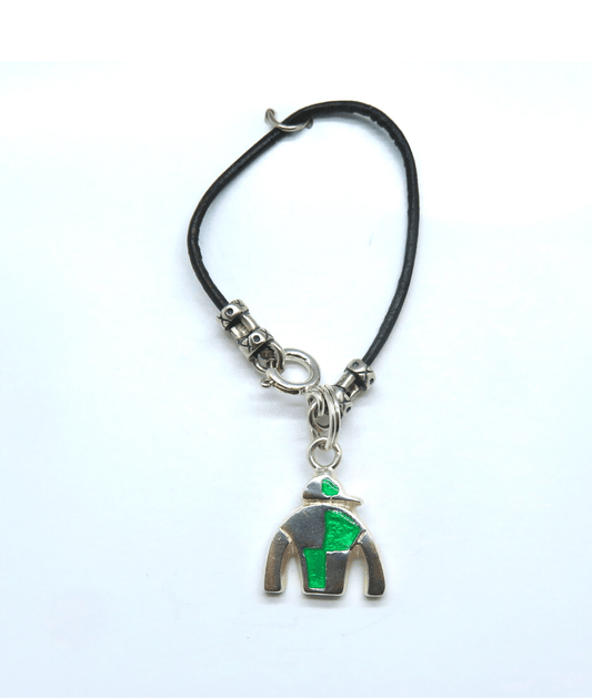 Jockey Silk Green Hand-enameled Removable Charm on Leather and Sterling Silver KooLoop approximately 2 1/2″, Removable Charm is 3/4″ L