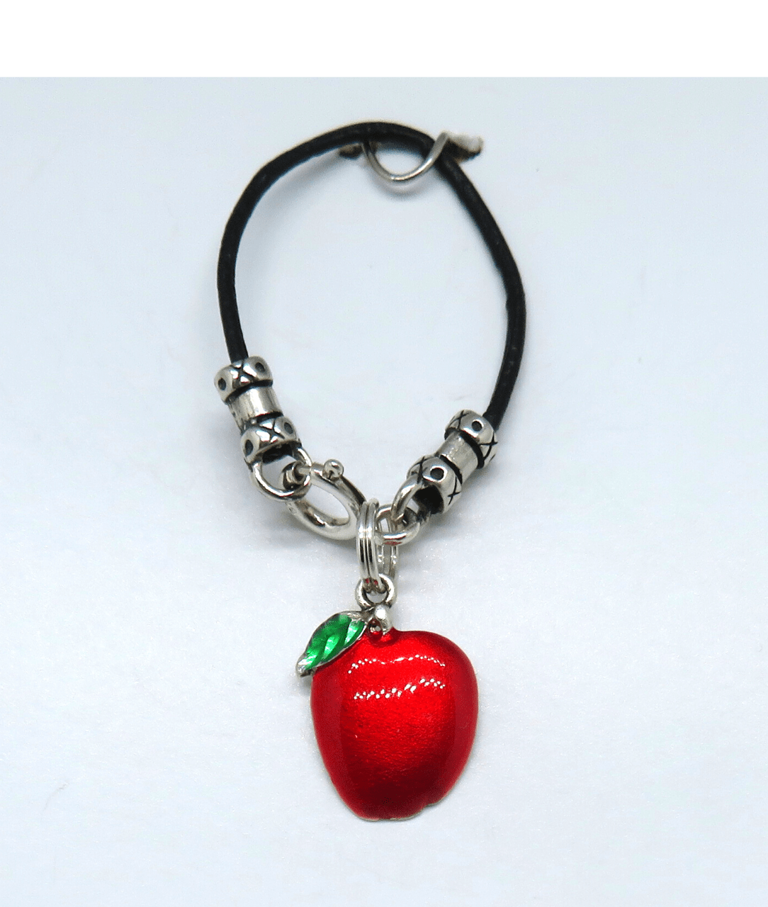 Red Apple Hand-enameled Removable Charm on Leather and Sterling Silver KooLoop approximately 1 7/8″, Removable Charm is 5/16″ L