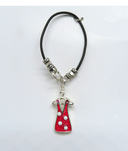 Red Dress Hand-enameled with Polka Dot Swarovski Crystals Removable Sterling Silver Charm on Leather and Sterling Silver KooLoop 2 5/8", Removable Charm is 1 1/16"