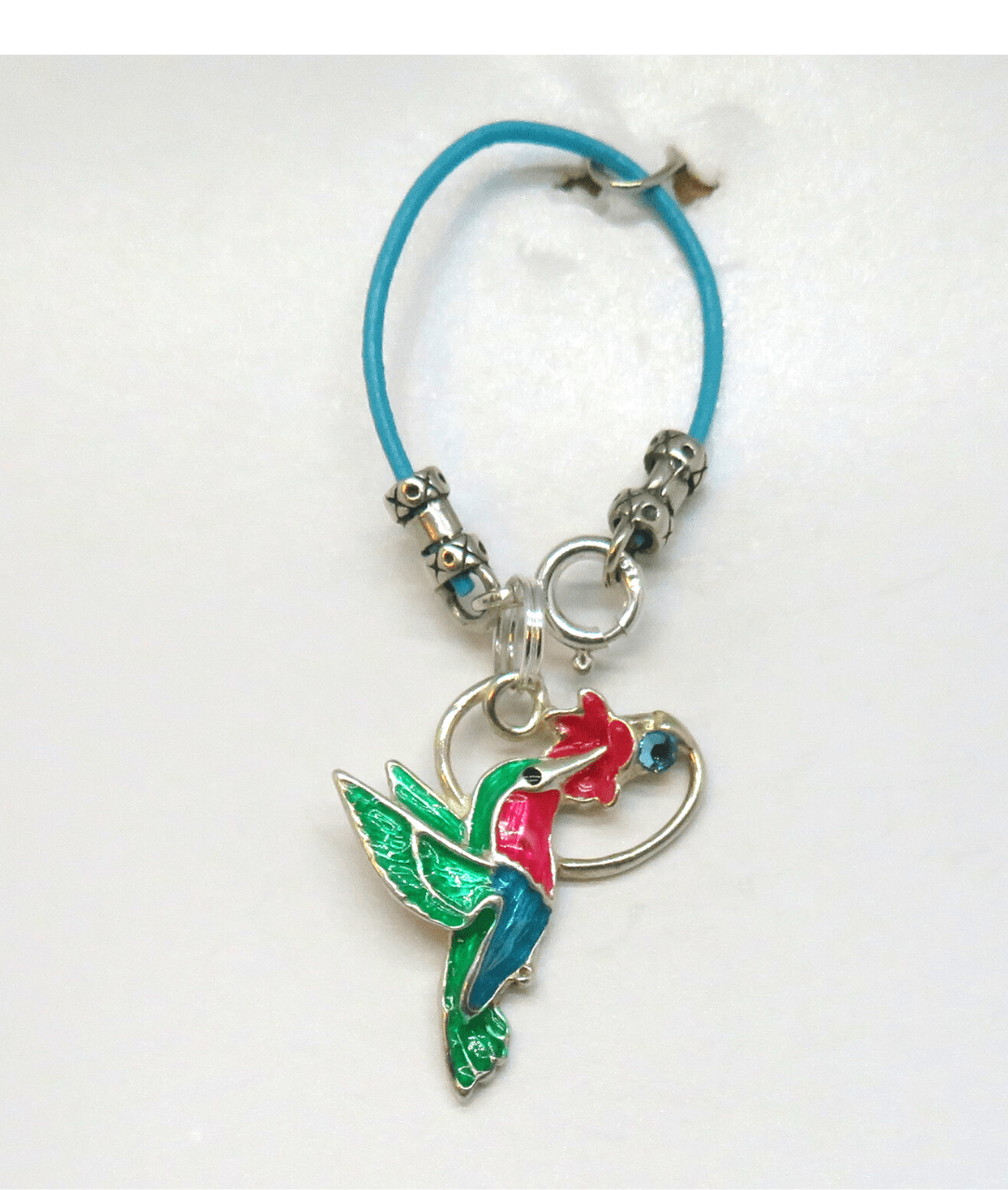 Hummingbird Hand-enameled with Blue Swarovski Crystal Removable Sterling Silver Charm on Leather and Sterling Silver KooLoop 2 1/8", Removable Charm is 1 1/16"