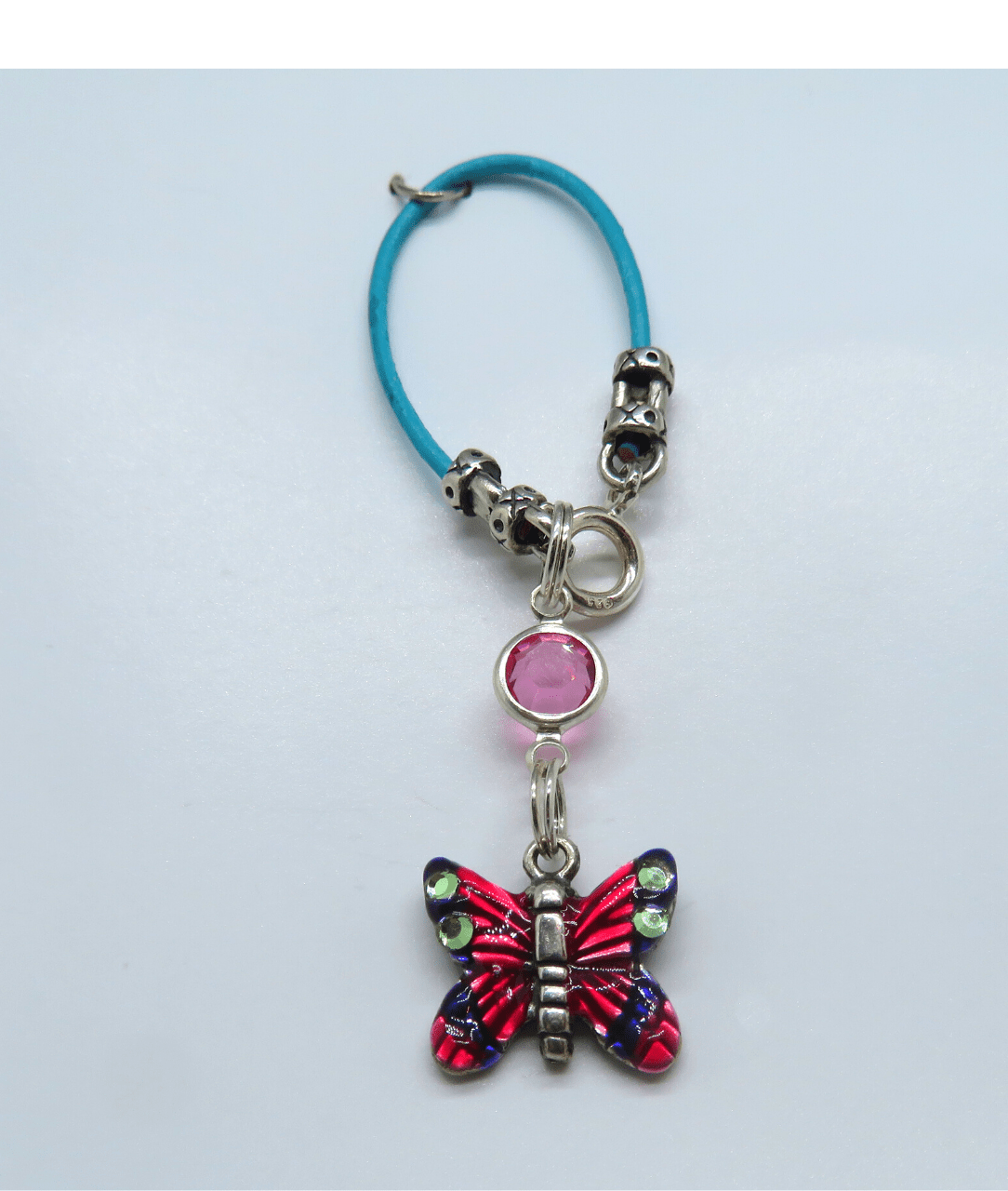 Small Butterfly Hand-enameled with Swarovski Crystal Removable Sterling Silver Charm on Leather and Sterling Silver KooLoop 2 1/2", Removable Charm is 1 1/4"