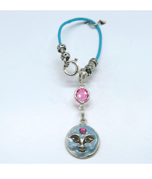 Moonface Hand-enameled with Swarovski Crystal Removable Sterling Silver Charm on Leather and Sterling Silver KooLoop Approximately 2 3/8", Removable Charm is 1 1/4"