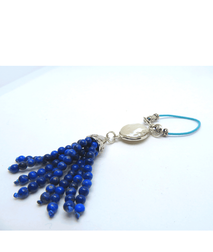 Lapis Lazuli Tassel, Coin Pearl Removable Design on Leather and Sterling Silver KooLoop approx. 4"