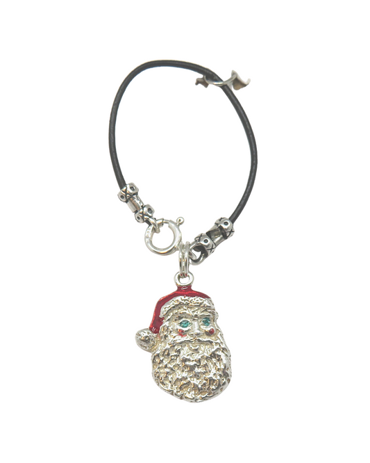 Christmas Santa Claus Face Hand-enamel Sterling Silver Removable Charm on Leather and Sterling Silver KooLoop approx. 2 9/16"