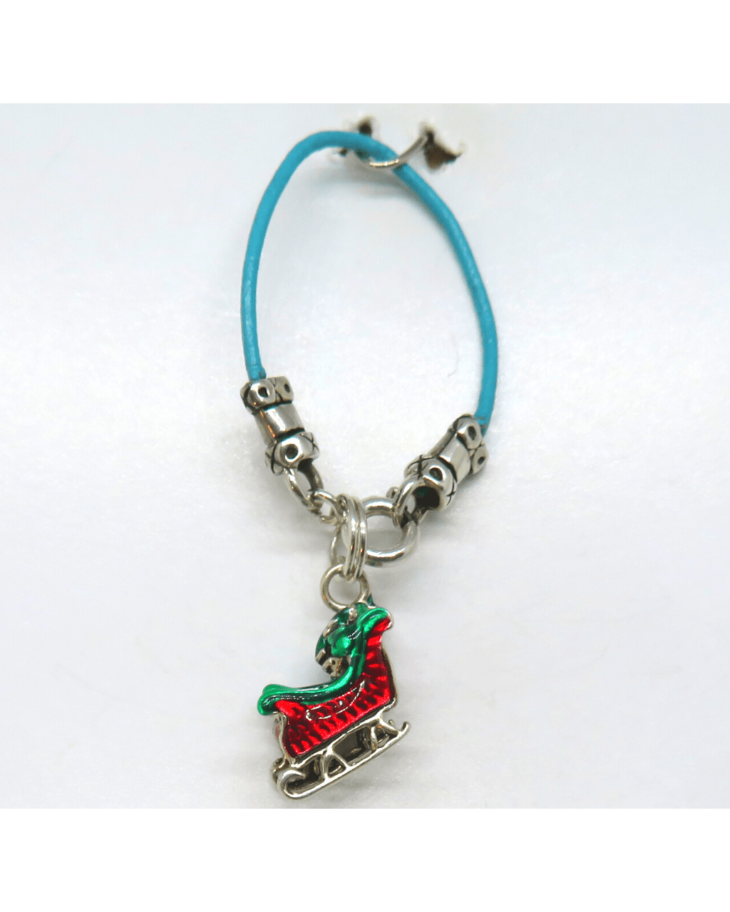 Christmas Sleigh Hand-enamel 3-D Sterling Silver Removable Charm on Leather and Sterling Silver KooLoop approx. 2 1/8"